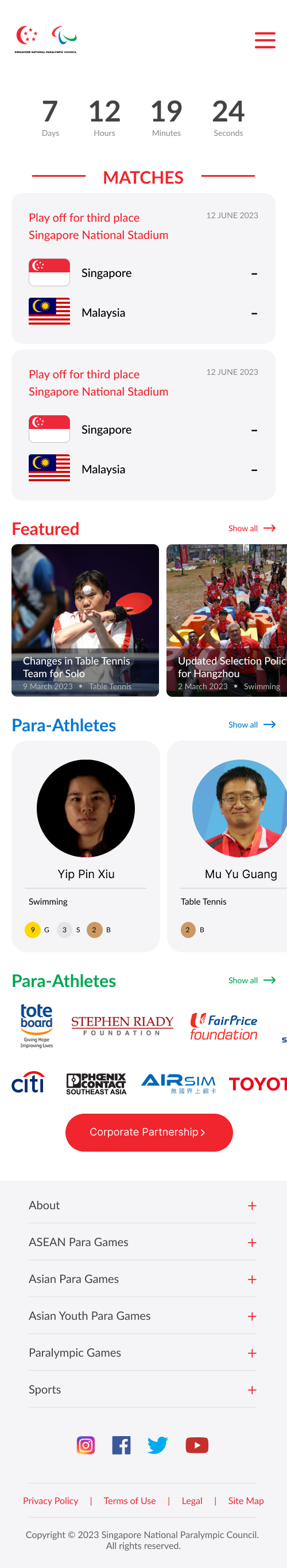 Singapore National Paralympics Council mobile home page